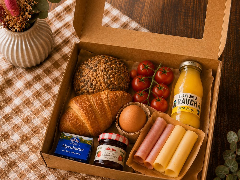 Auszeitbox mit Croissant, Korngebäck, Tomaten, Ei, Wurst, Käse, Butter, Marmelade und Fruchtsaft