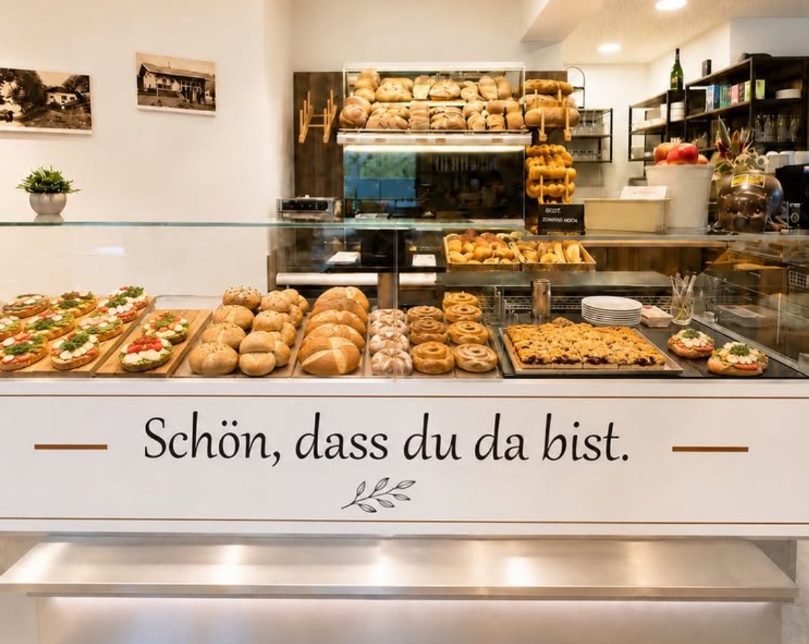 Die Frühstückstheke von Letti's Ratschstubn mit frischem Gebäck, belegten Broten und Kuchen – darauf der Schriftzug 'Schön, dass du da bist.'