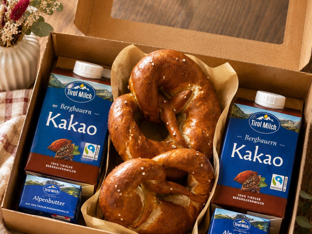 Breznbox mit frischen Brezen, Butter und Kakao