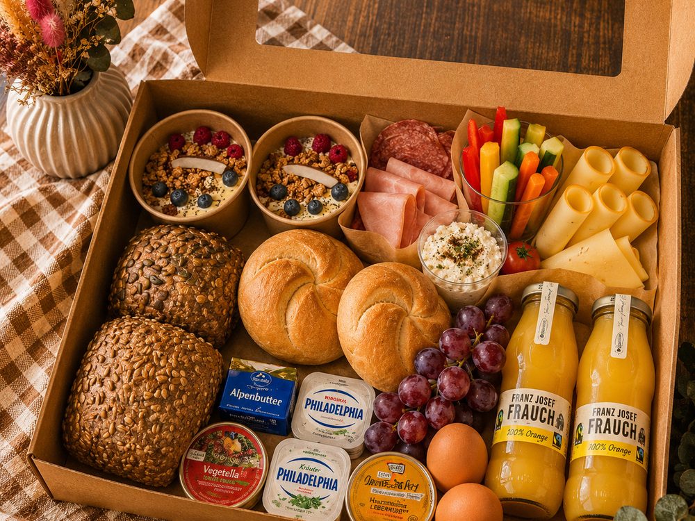 Genießerbox mit Semmeln, Korngebäck, Aufstrichen, Wurst, Käse, Gemüsesticks, Obst, Eiern, Müsli und Fruchtsäften